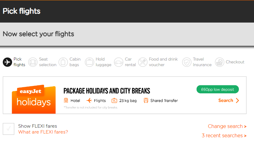 A screen grab showing the amny extras offered by EasyJet, including seat selection, cabin bags, hold luggage, car rental, food and drink voucher and travel insurance.