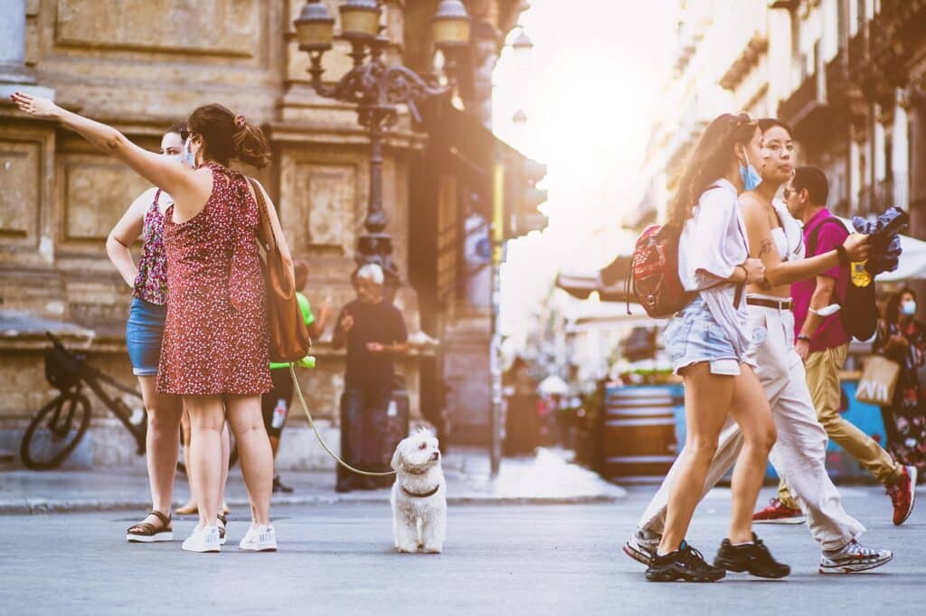 This image shows various people walking on a busy urban street. A common travel sight.