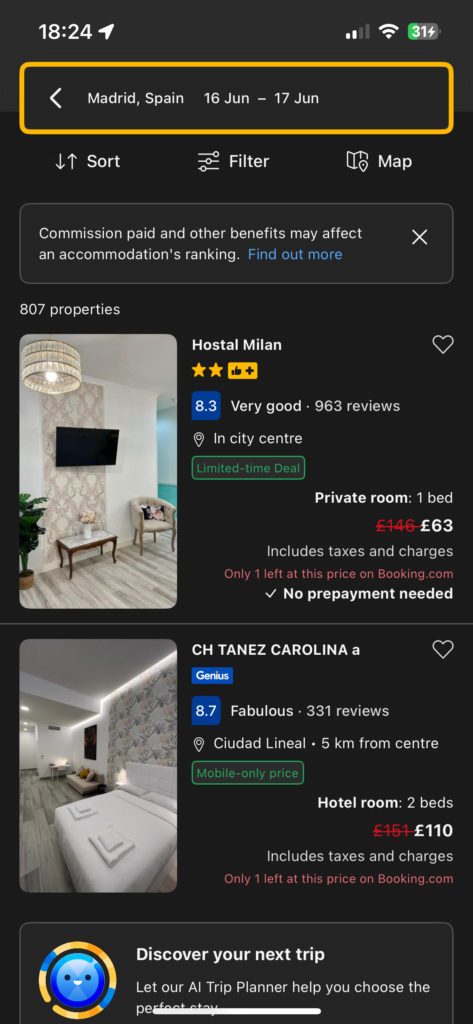 A screenshot of what Booking.com looks like on the mobile app. Accommodation in Madrid is used as an example