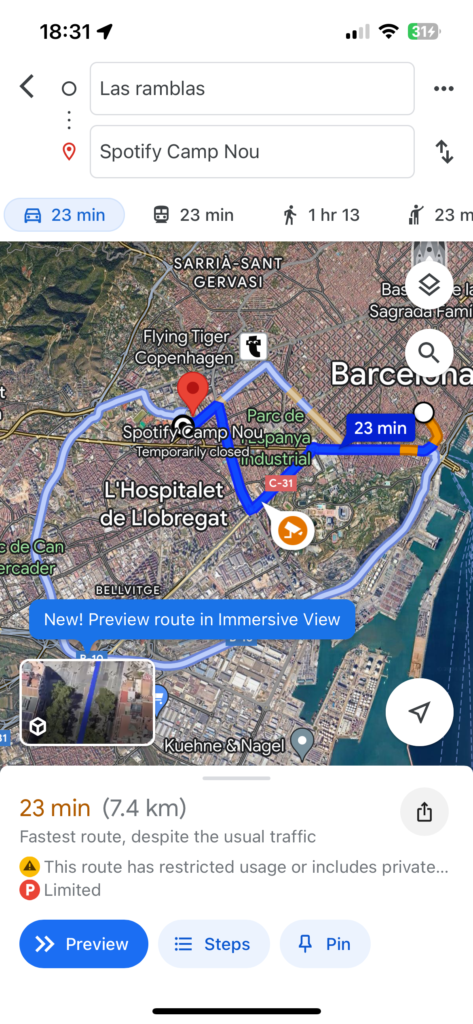 The image depicts a screenshot of Google Maps on mobile. The example route is Las Ramblas to Camp Nou in Barcelona.