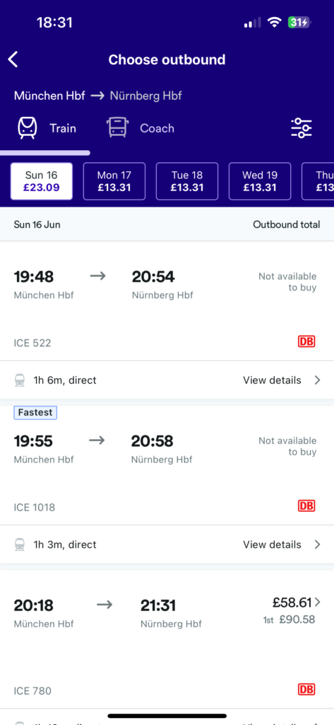 A screenshot of the Trainline mobile app depicting trains from Munich to Nuremberg.