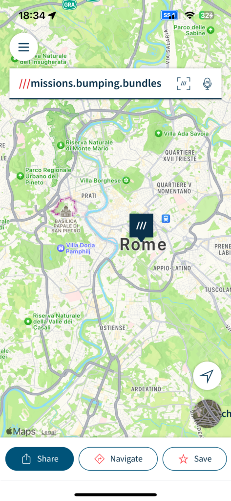 A screenshot showing the location of the Colosseum in Rome on the What3words mobile app. The three words are missions.bumping.bundles