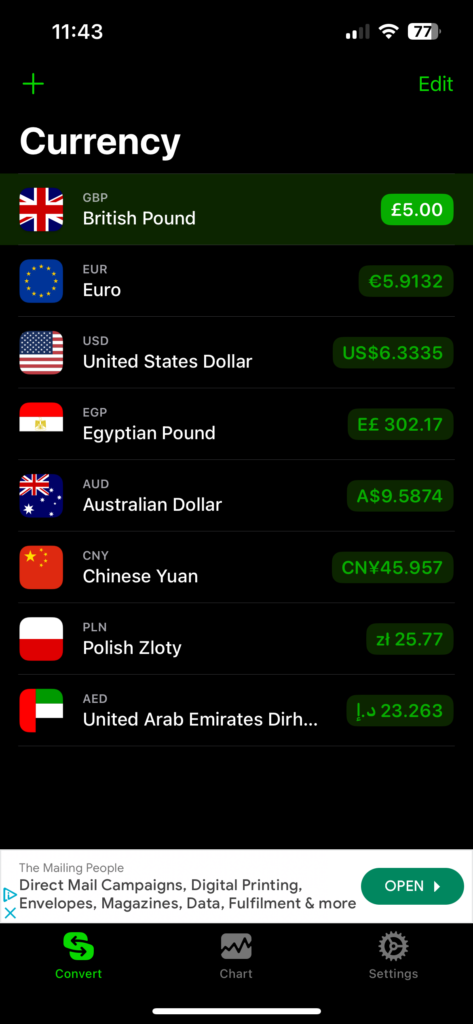 A screenshot of the currency app with numerous currencies listed equalling the value of 5 British Pounds.