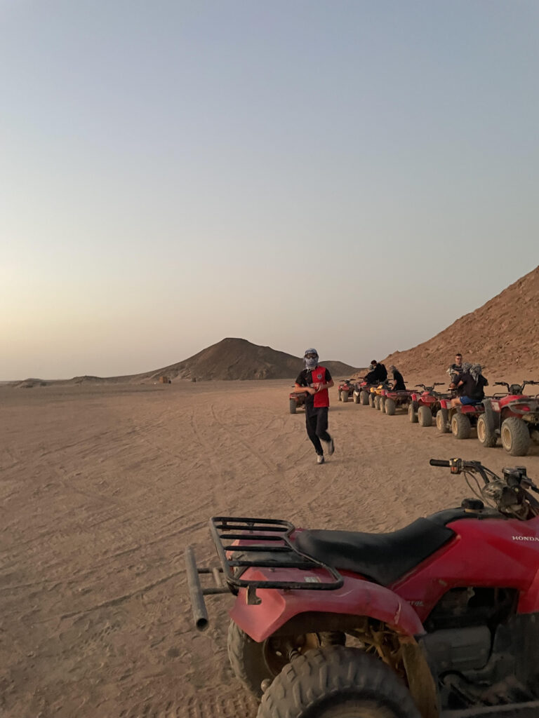 A row of quad bikes parked up during a tour.