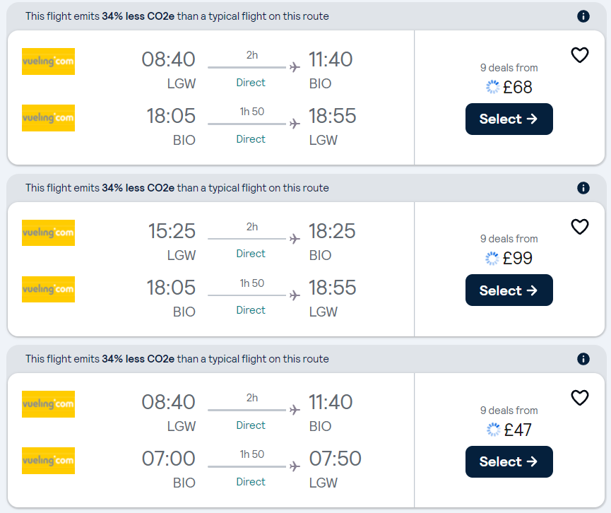 This picture shows various prices and times for a flight from Gatwick to Bilbao