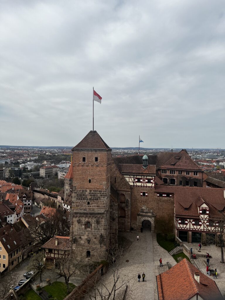 A high view of Nerumberg Castle from one of its towers. The city of Nuremberg is visible in the background.