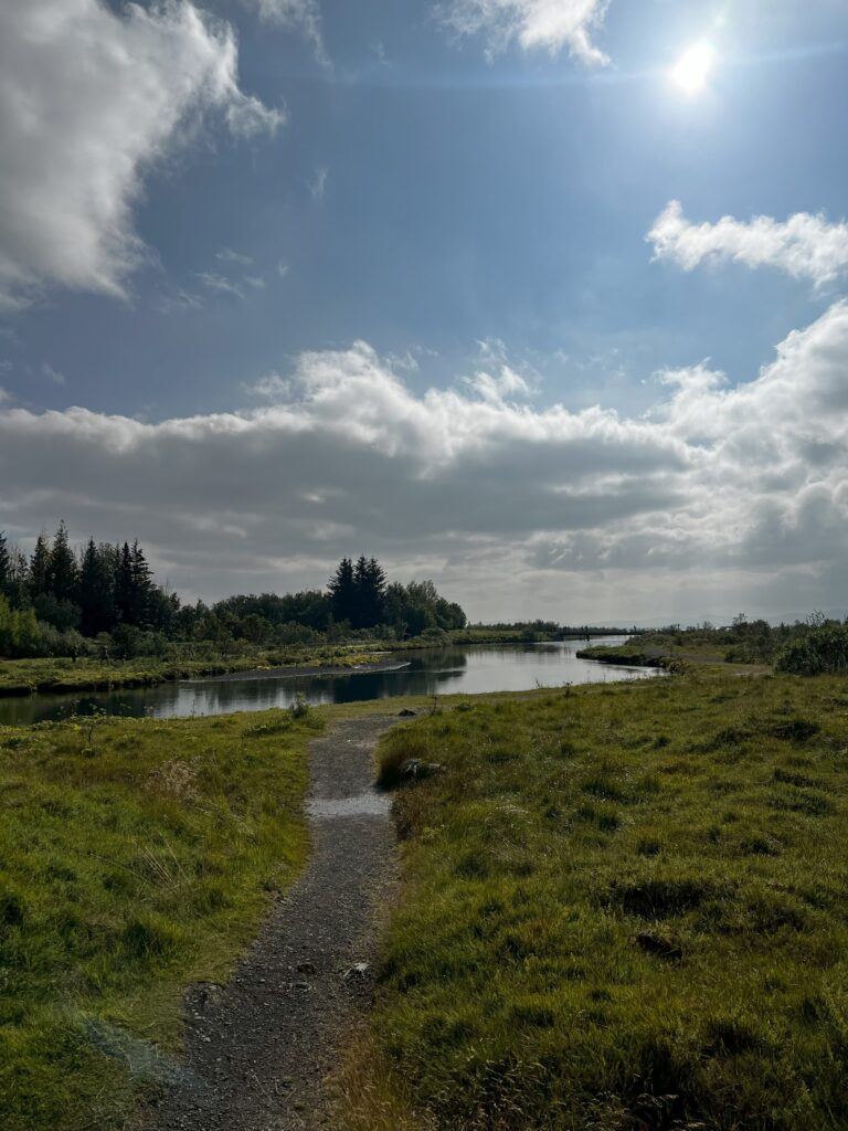 The local river next to Thingvellir on a partially sunny day.