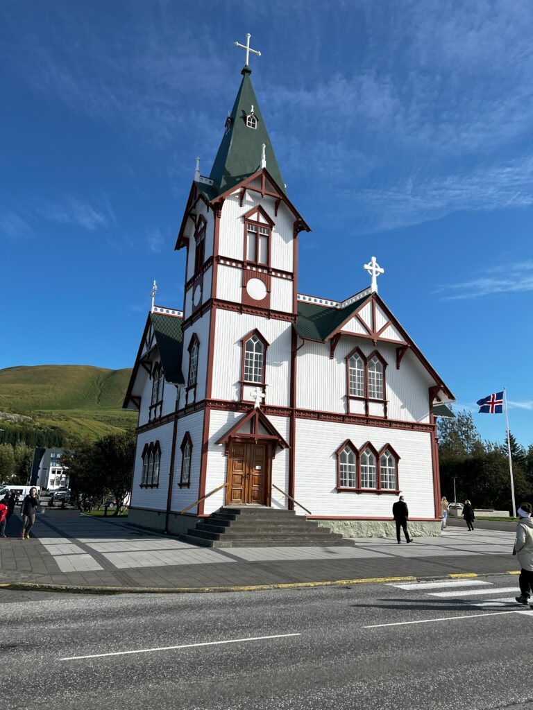 A portrait view of the infamous Húsavíkurkirkja church.