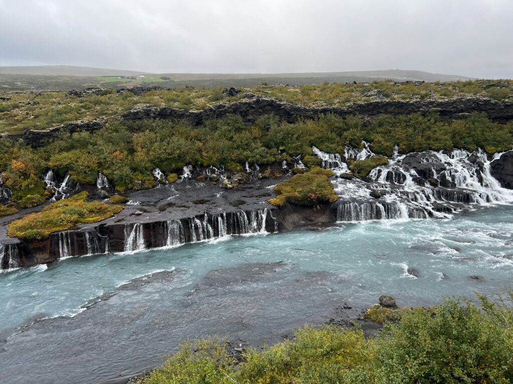 A wide view of the Hraunfossar falls