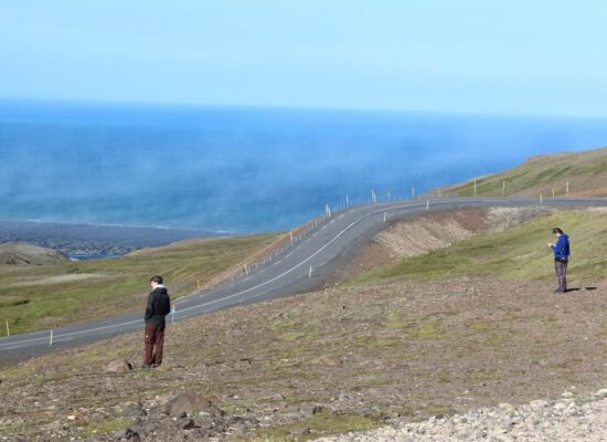 Two people, the author and his brother, looking out at the view from a hill in Iceland.