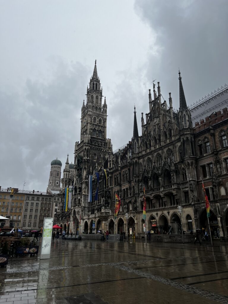 Marienplatz on a very rainy and cloudy day.