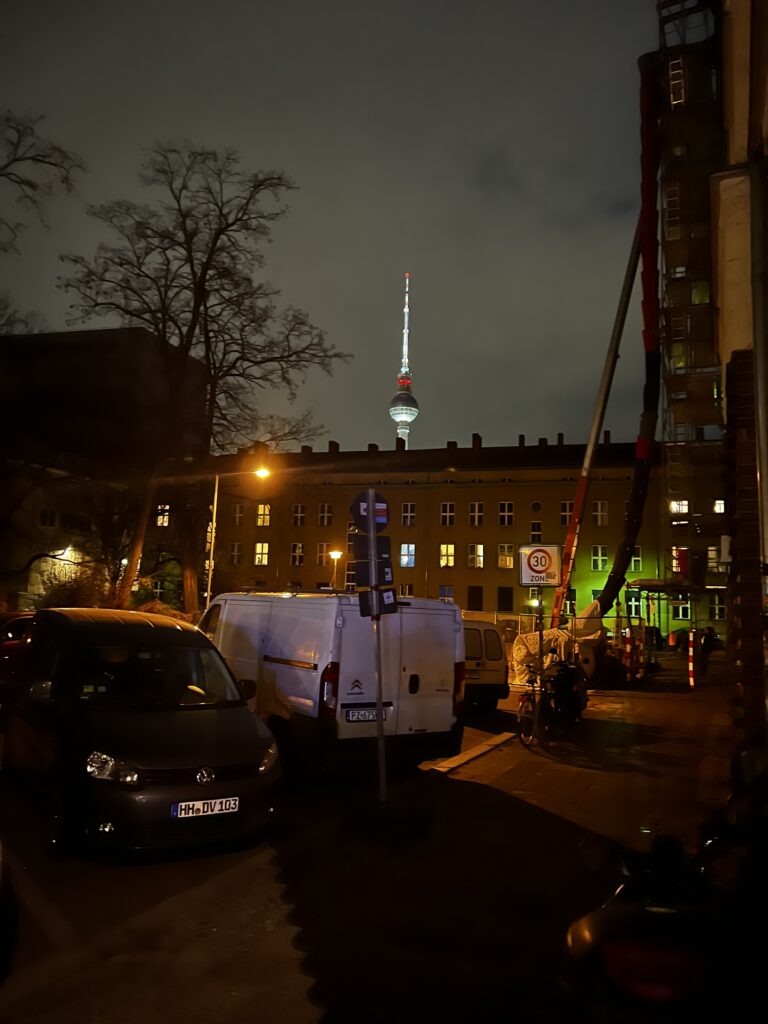 Berlin Tower can be seen over the top of a neighbourhood in Berlin