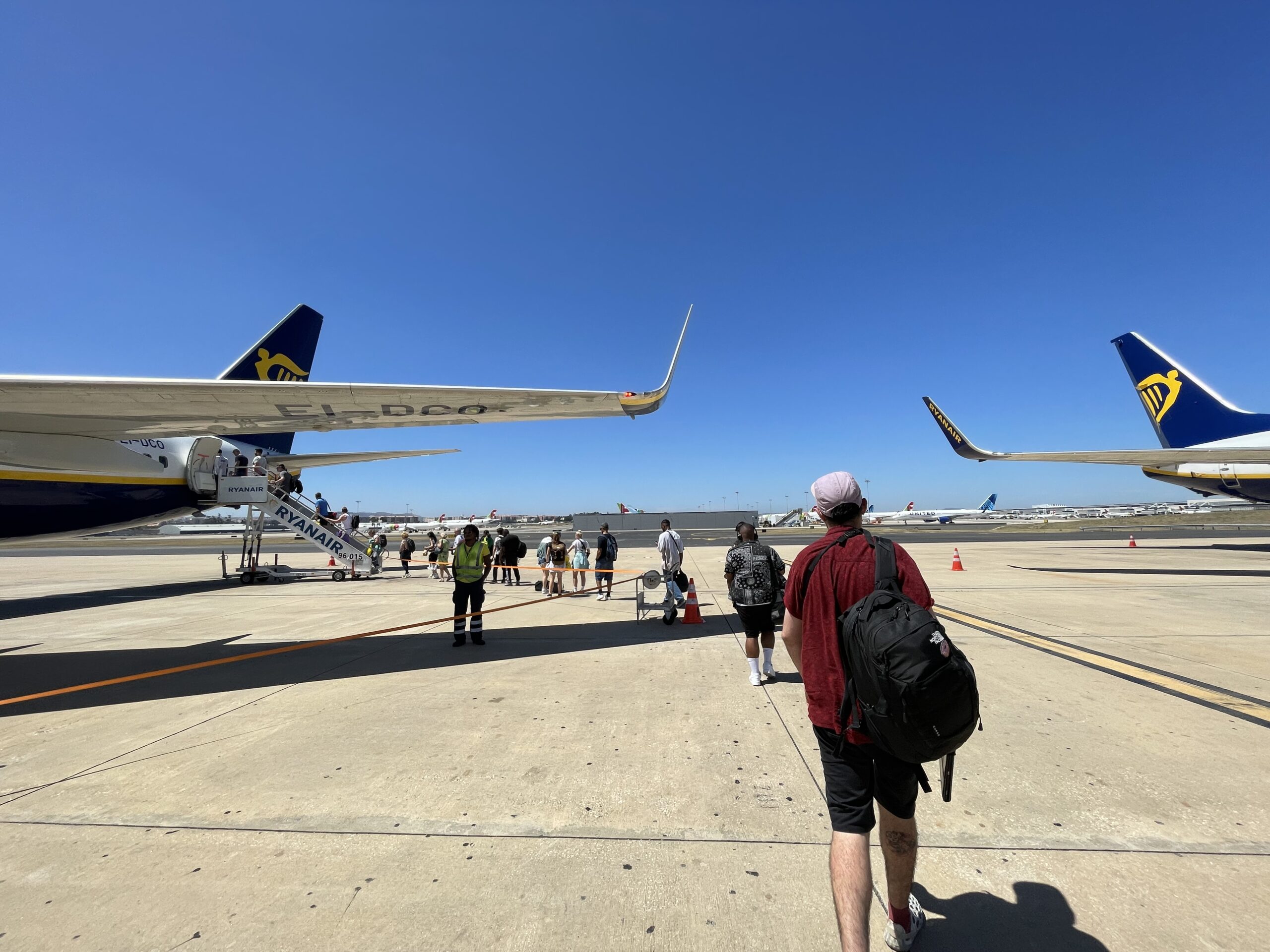 A view of people getting on a ryanair plane