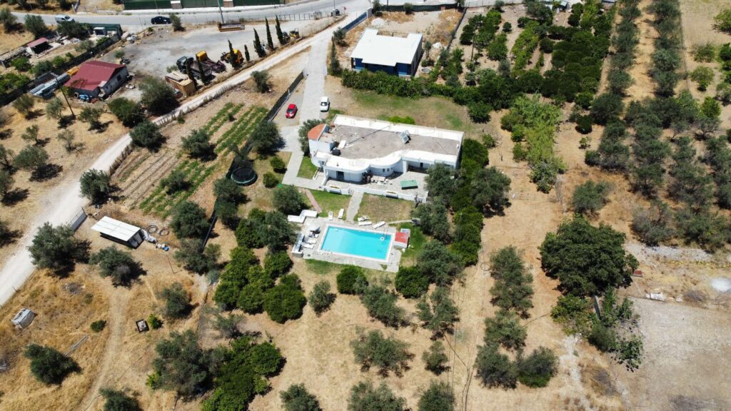 A villa in Rhodes from a birds-eye view. It was taken from a drone.