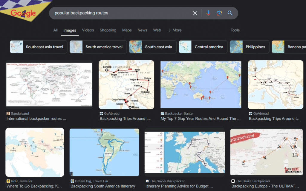 A screenshot of a Google search covering a few popular backpacking routes.