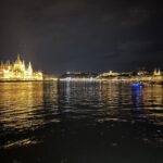 a landscape view of the main attractions on Budapest river at night