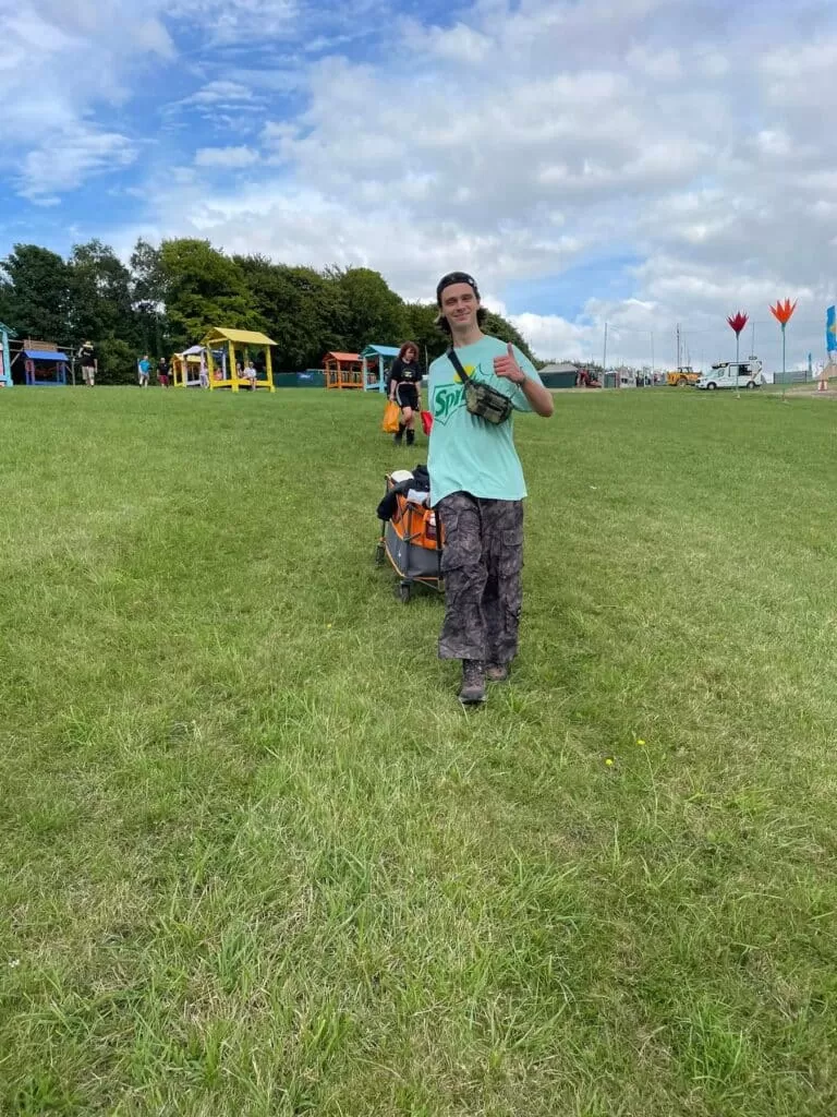 The author walking down the infamous steep Boomtown hill with his stuff in a trolley.