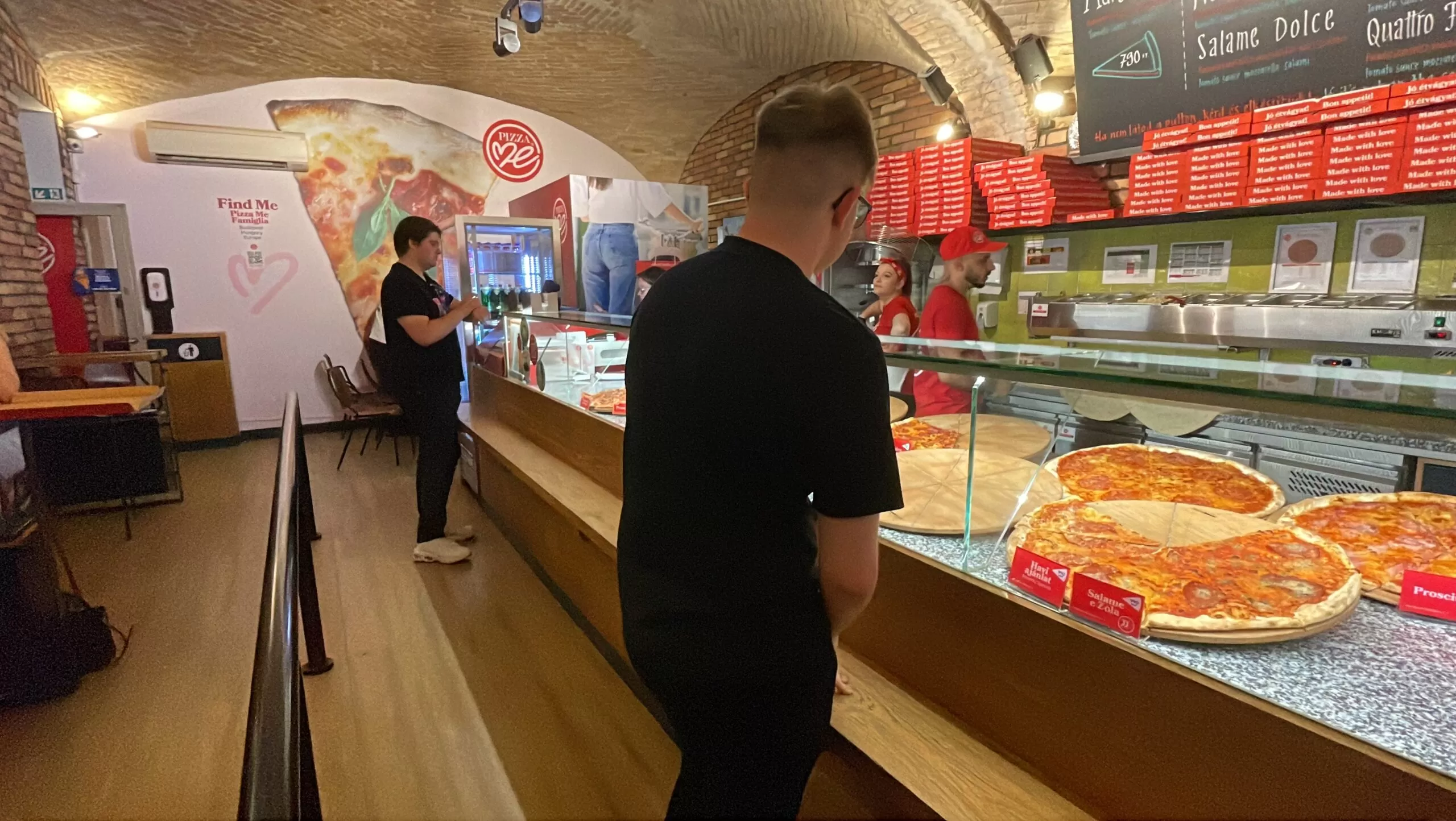 The inside of a Pizza Me in Budapest, Hungary.