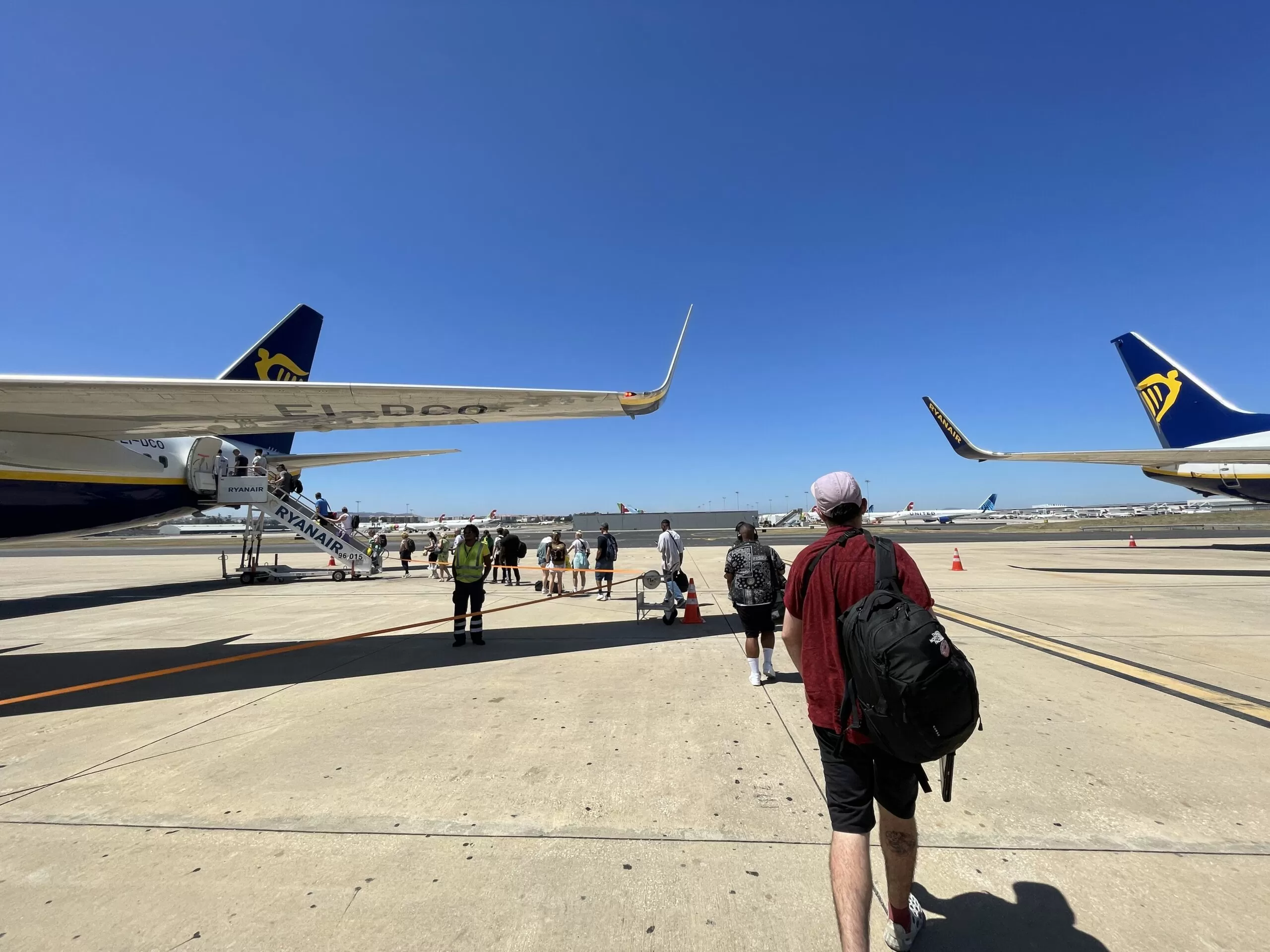 A view of people getting on a ryanair plane
